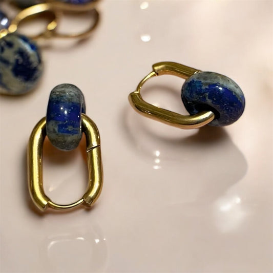 Barcelona Blue Lapis Lazuli Charm Gold Oval Hoop Earrings